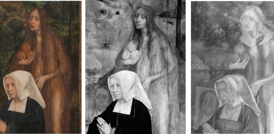 Ganz rechts: Ma-XRF-Aufnahmen zeigen die Heilige Veronika auf der Unterzeichnung mit ihrer charakteristischen Kopfbedeckung und dem Leichentuch. Neben dem Stifter ist der Kopf Christi auf dem Leichentuch zu sehen. 