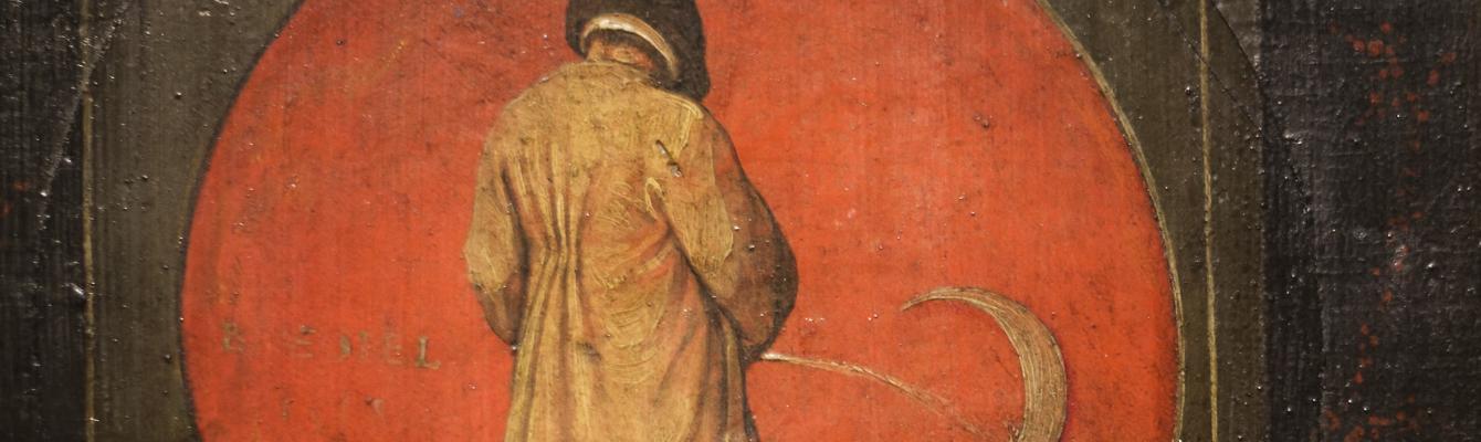 Schilderij van een man die tegen de maan plast.